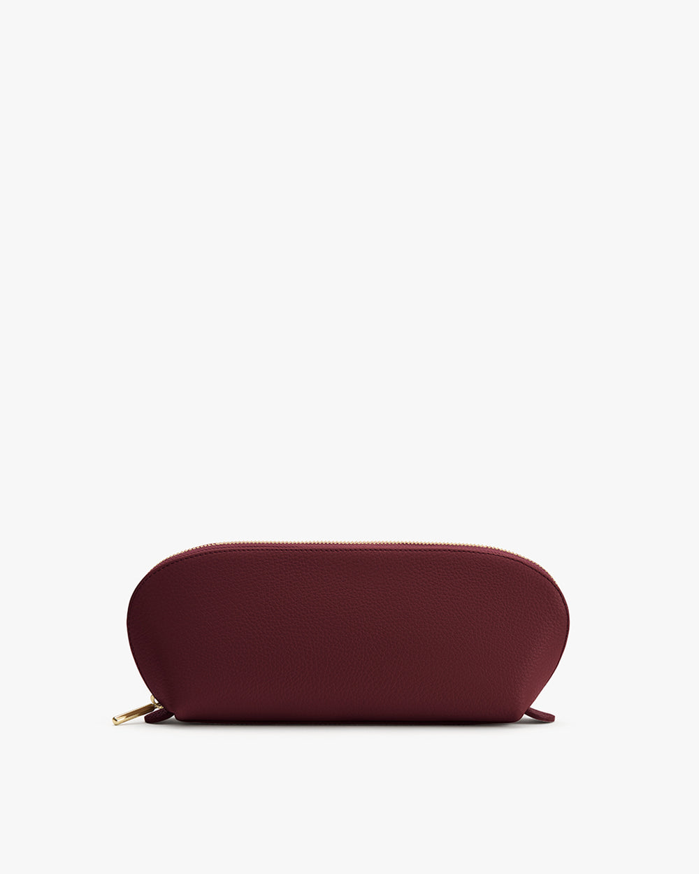 Oval pouch with zipper closure on a plain background.