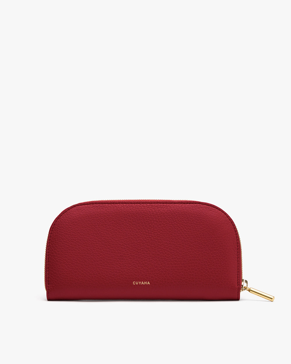Half-moon shaped leather clutch with zipper and subtle branding in the center.