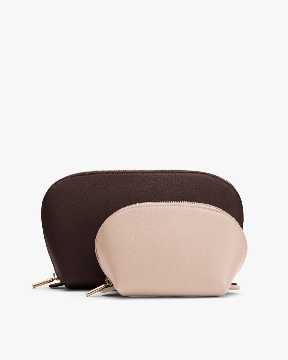 Two leather pouches, one larger and one smaller, with gold zippers.