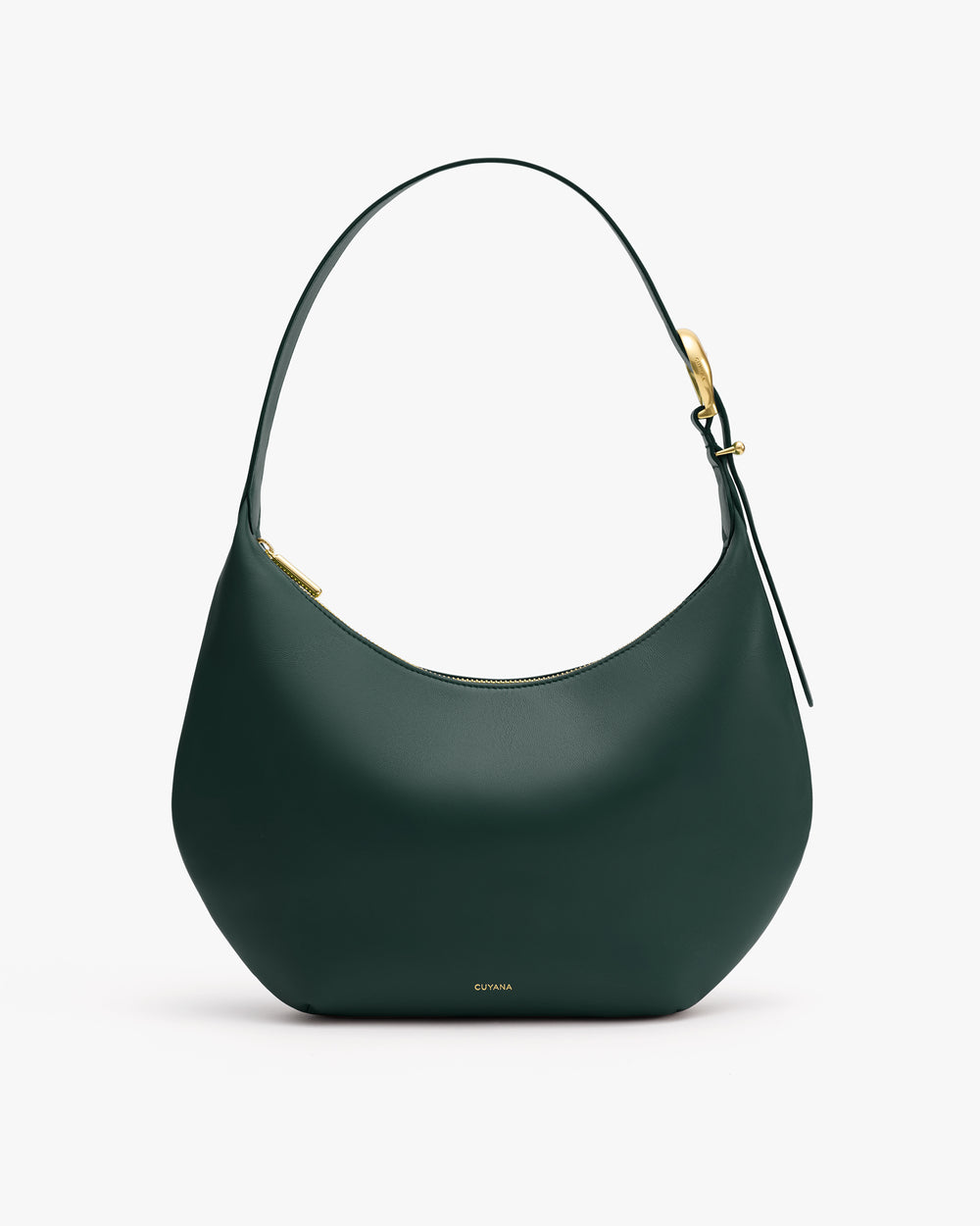 Hobo bag with a wide strap and gold accents.