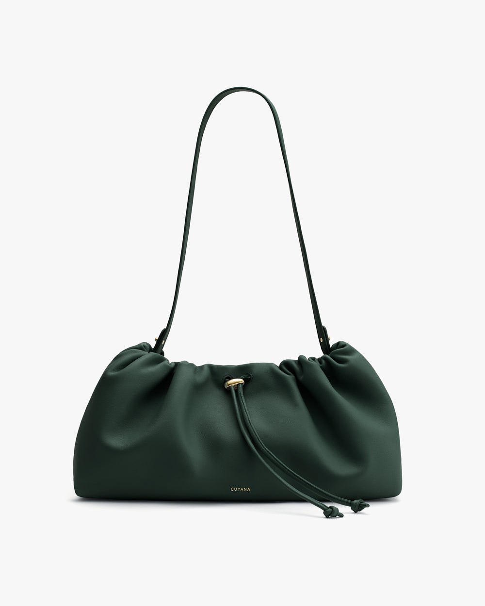 Handbag with gathered design and shoulder strap.