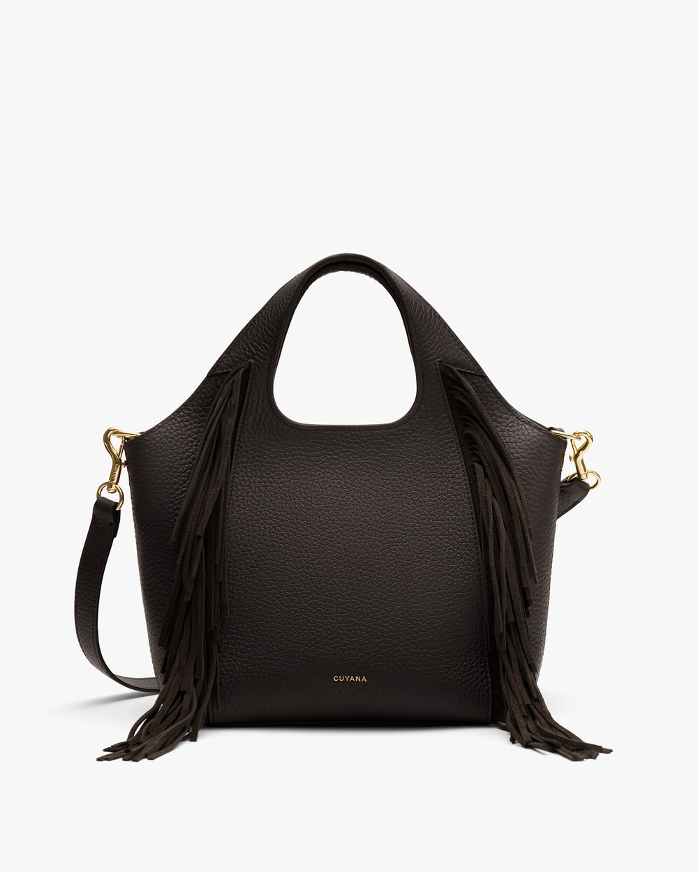 Handbag with fringes and a detachable strap.