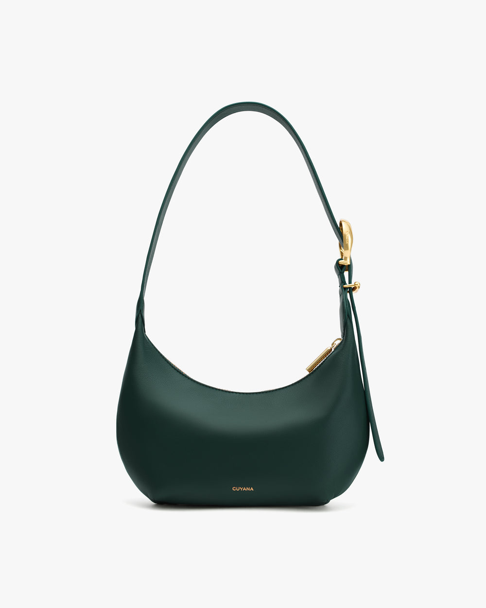 Shoulder bag with a curved shape and a metal clasp on the strap.