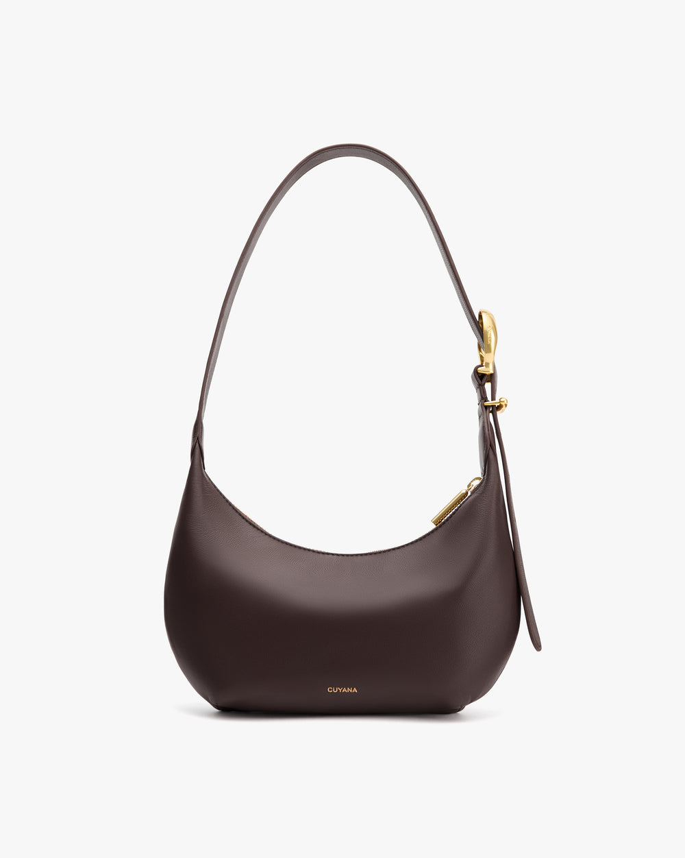 Shoulder bag with curved shape and gold accents.