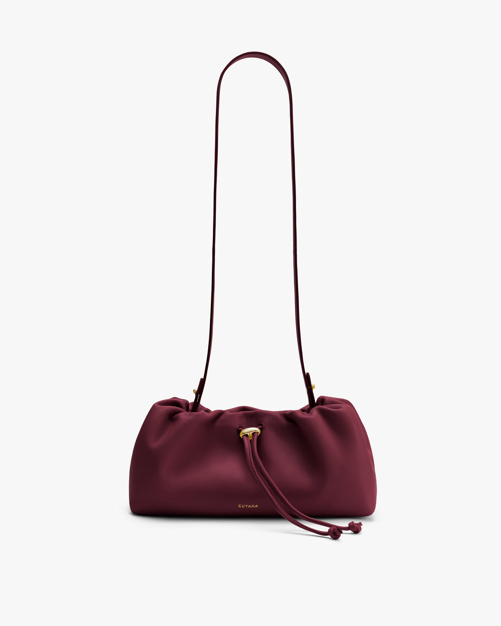 A drawstring shoulder bag with a long strap.