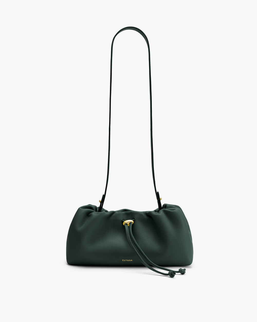 Handbag with long strap and drawstring closure.
