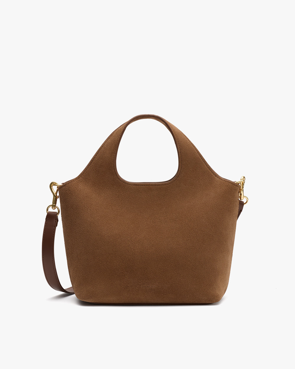 Handbag with top handle and shoulder strap on white background.