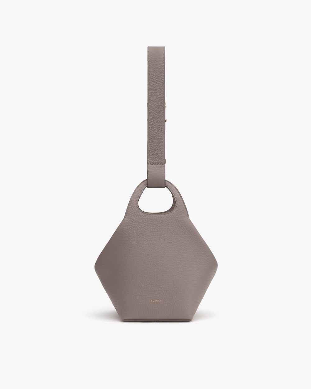 Geometric handbag with wide strap and circular handle.