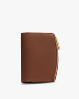 Wallet with a curved zipper on the side.