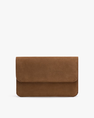Rectangular clutch with a flap on a plain background.