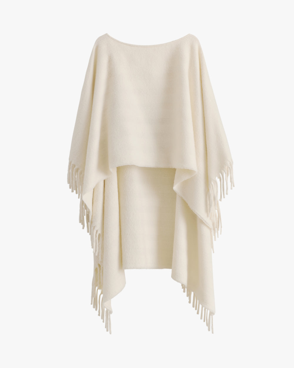 Fringed cape with a draped design shown on display.