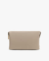 Rectangular leather purse with a zipper on top panel