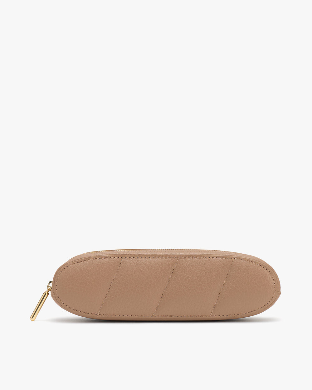 Oval-shaped pencil case with a zipper on a plain background.