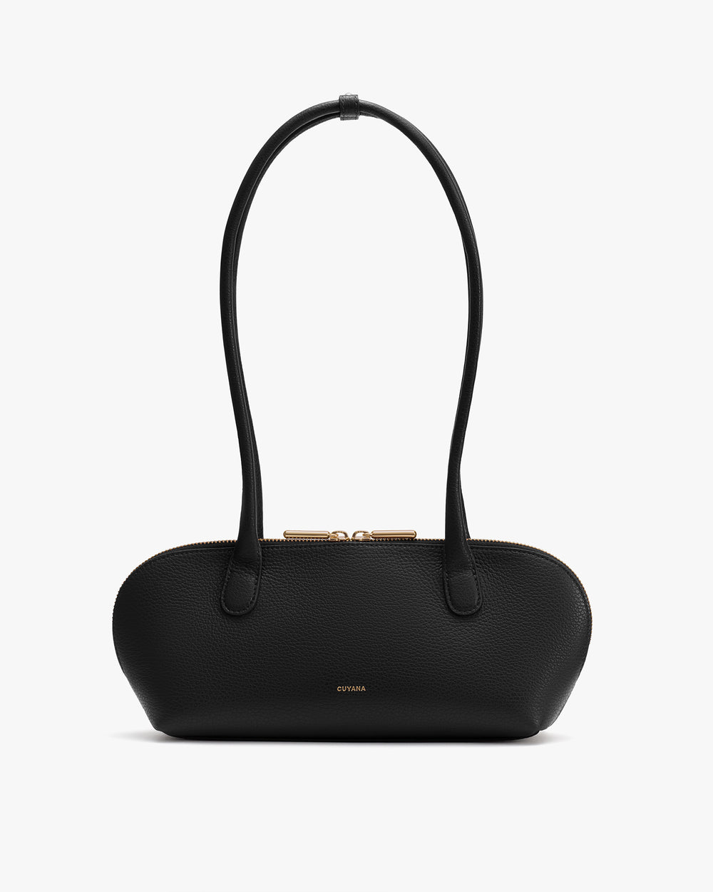 Long-handle handbag with zip closure and small brand logo on the front.