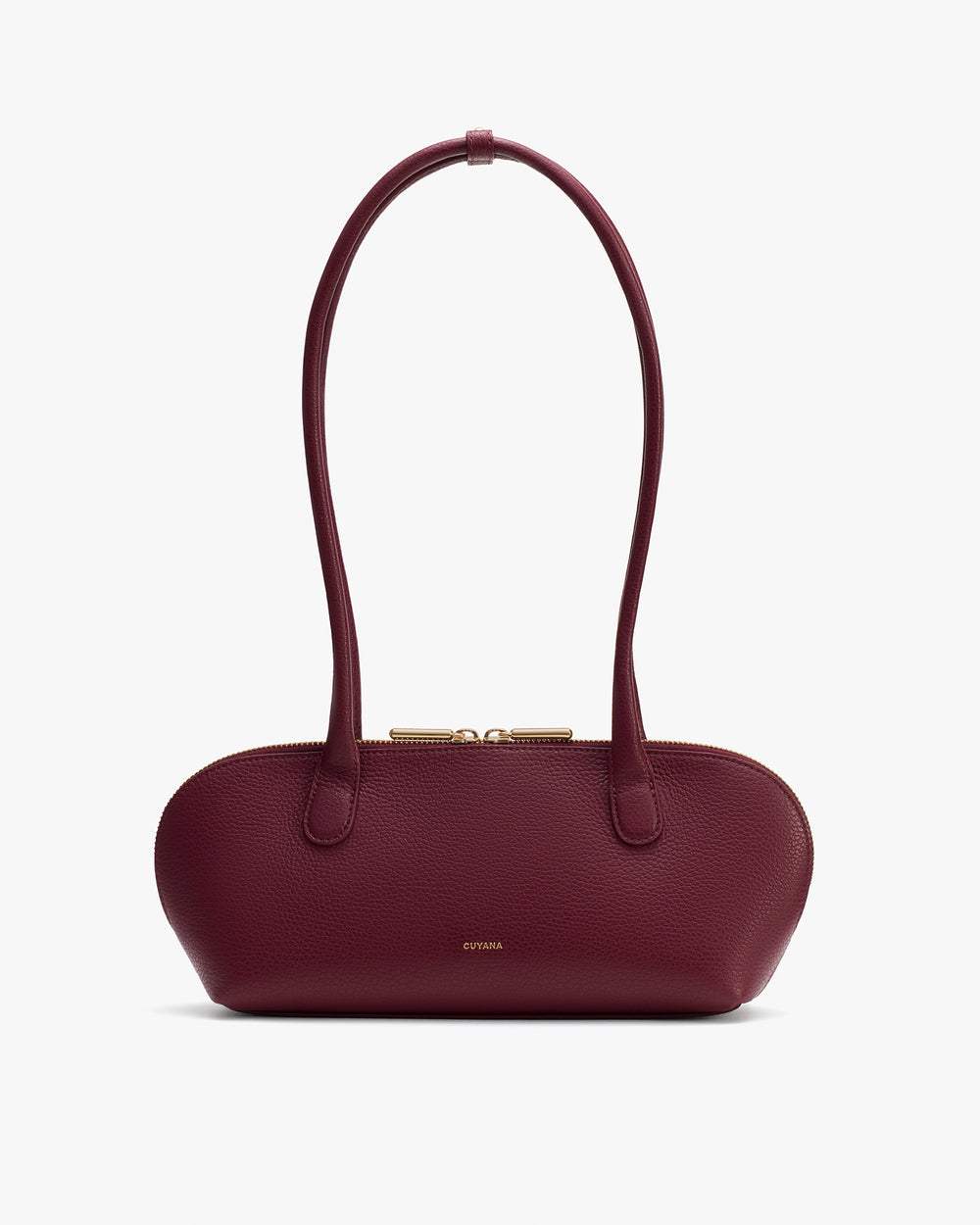 Oval-shaped handbag with two long handles and a zipper closure.