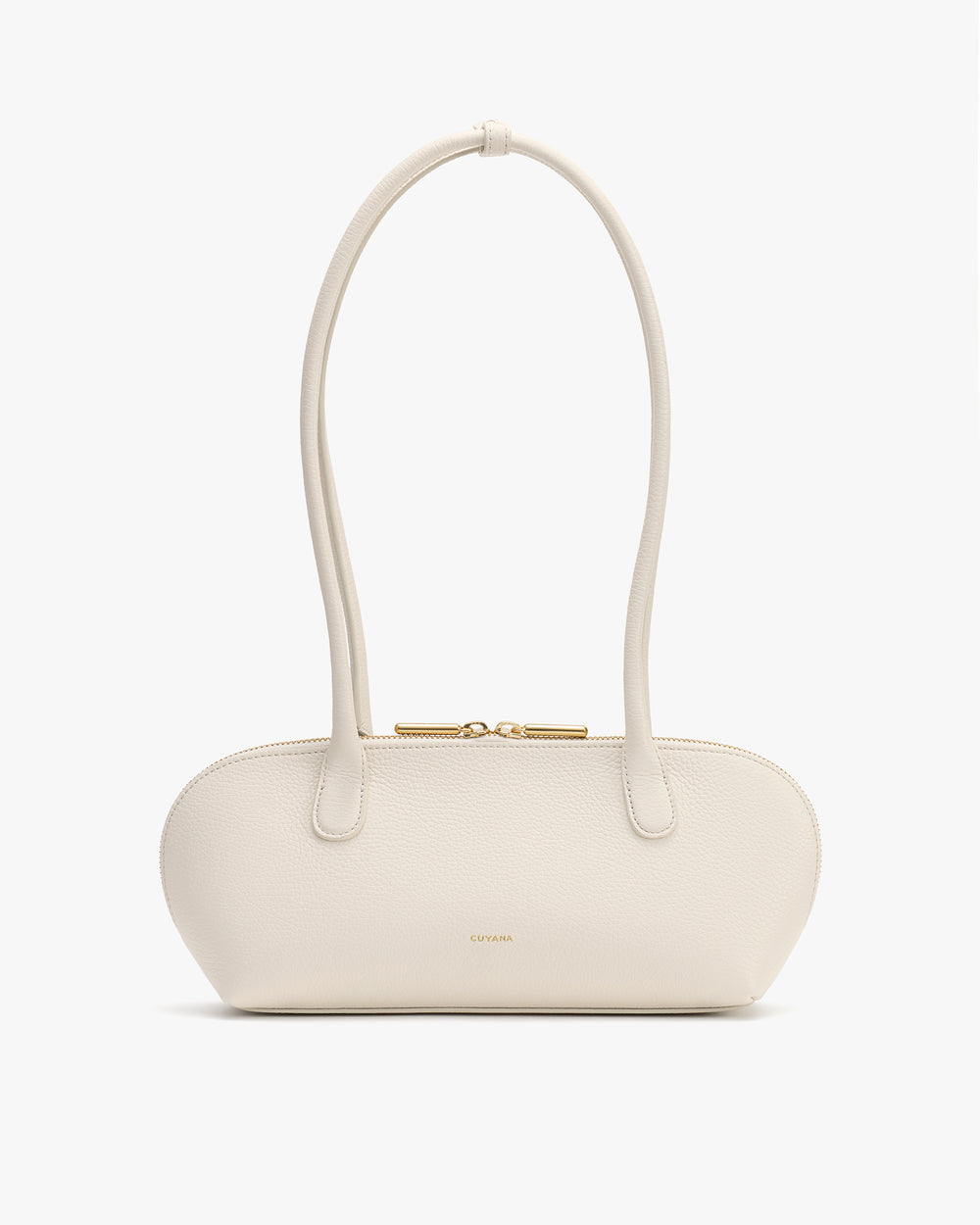 A handbag with long handles and a zip closure.