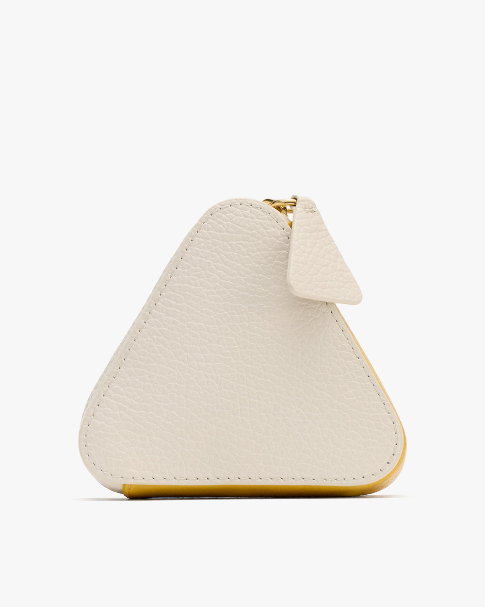 Triangular leather coin purse with a zipper on top.