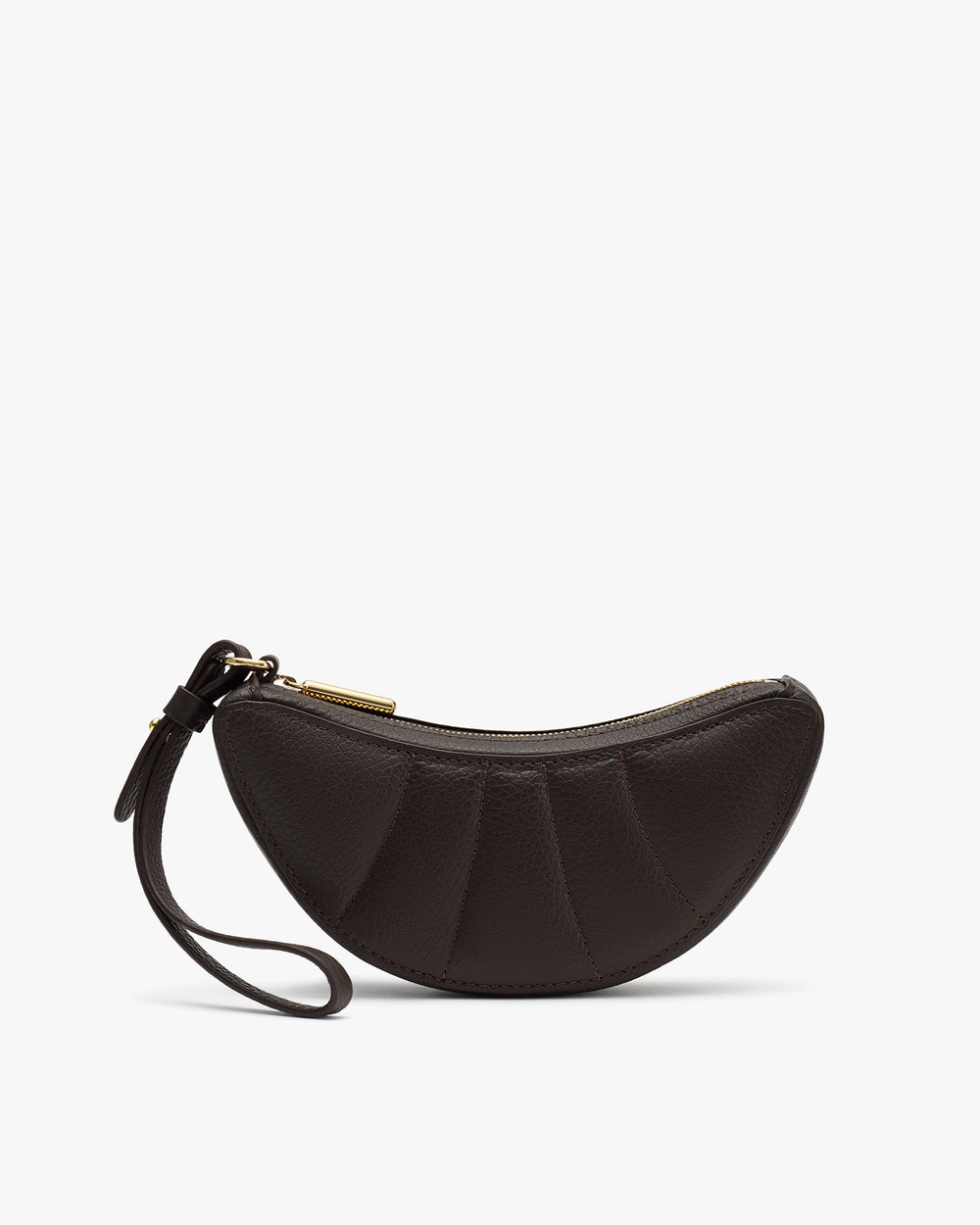 Semicircle wristlet with zipper and strap.