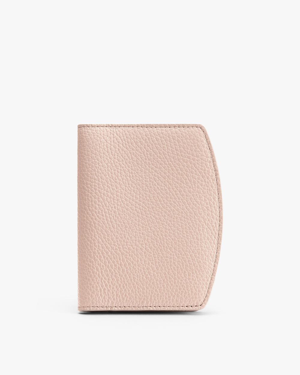 Textured rectangular wallet with curved edge displayed upright.