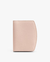 Textured rectangular wallet with curved edge displayed upright.