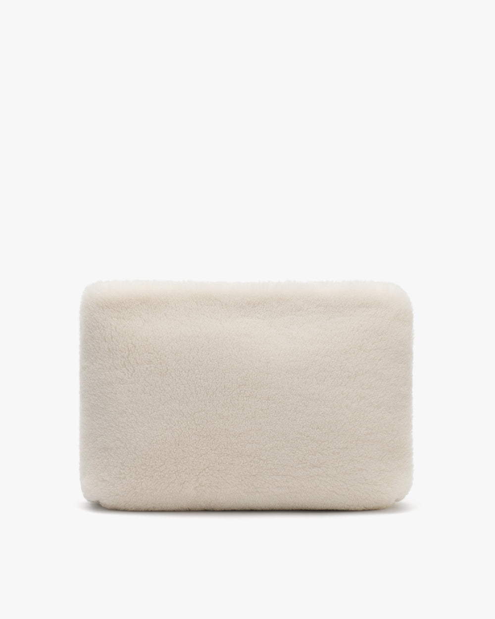 Rectangular furry clutch bag with a simple design on a plain background.