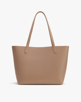 Simple tote bag with two handles on display.
