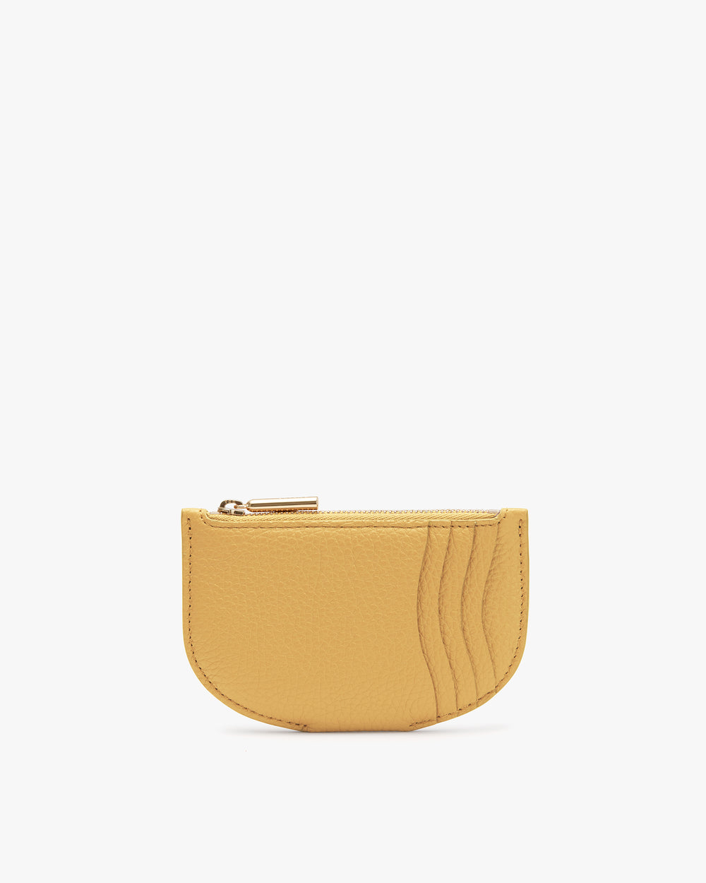 Semi-circle coin purse with card slots on one side.