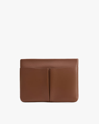 Leather clutch bag with two front pockets.