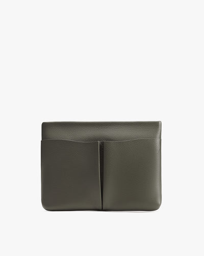Rectangular clutch with two front pockets.