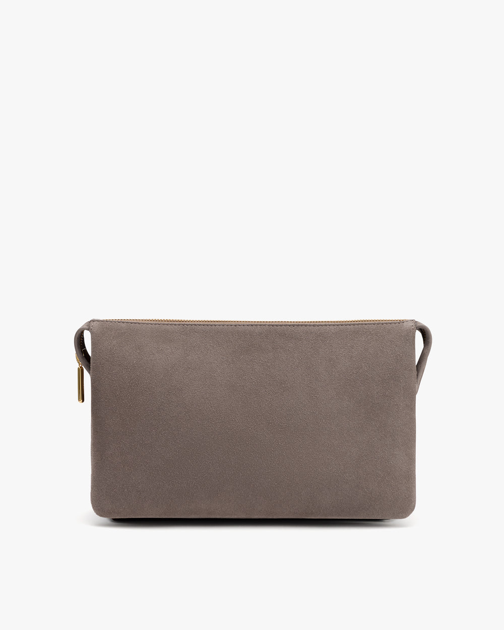 Rectangular clutch bag with side loops and a zipper on top.