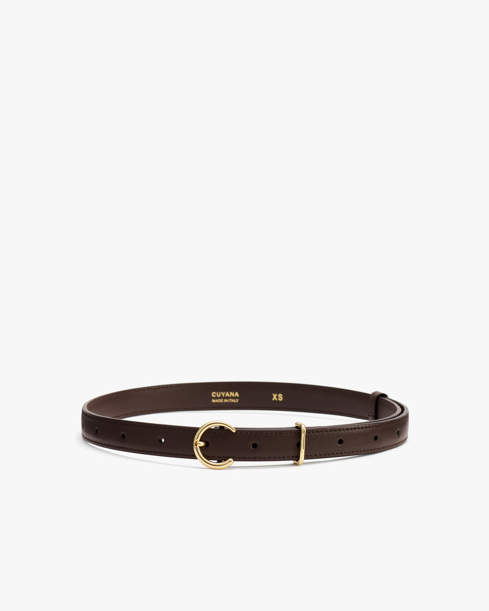 Thin belt with a gold buckle displayed flat with holes for adjustment.