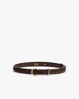 Thin belt with a gold buckle displayed flat with holes for adjustment.