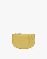 Semi-circle coin purse with zipper and card slots.