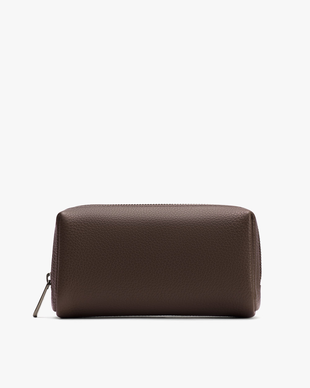 Rectangular leather pouch with zipper on a plain background.