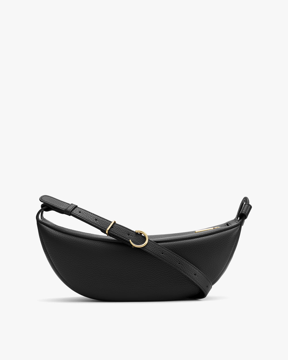 Half-moon shaped leather belt bag with adjustable strap and gold buckle.