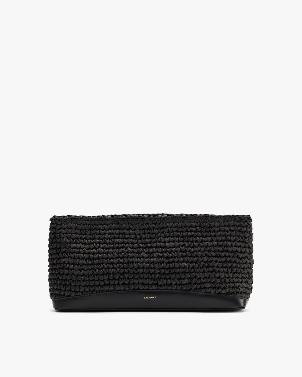 Rectangular woven clutch with a smooth base.