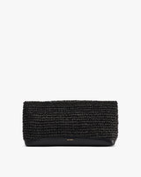Rectangular woven clutch with a smooth base.