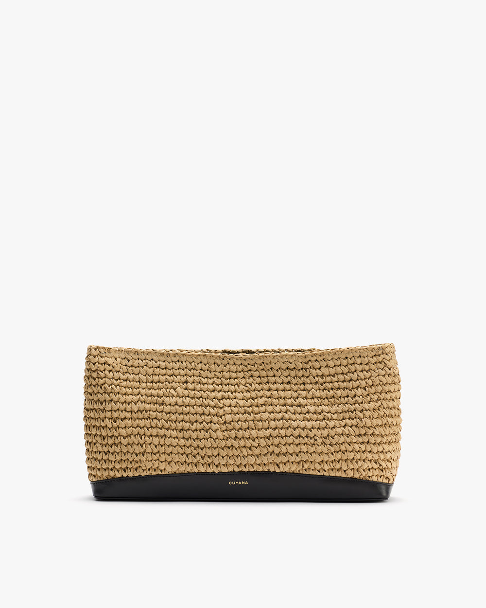 Rectangular woven clutch bag with a solid base.