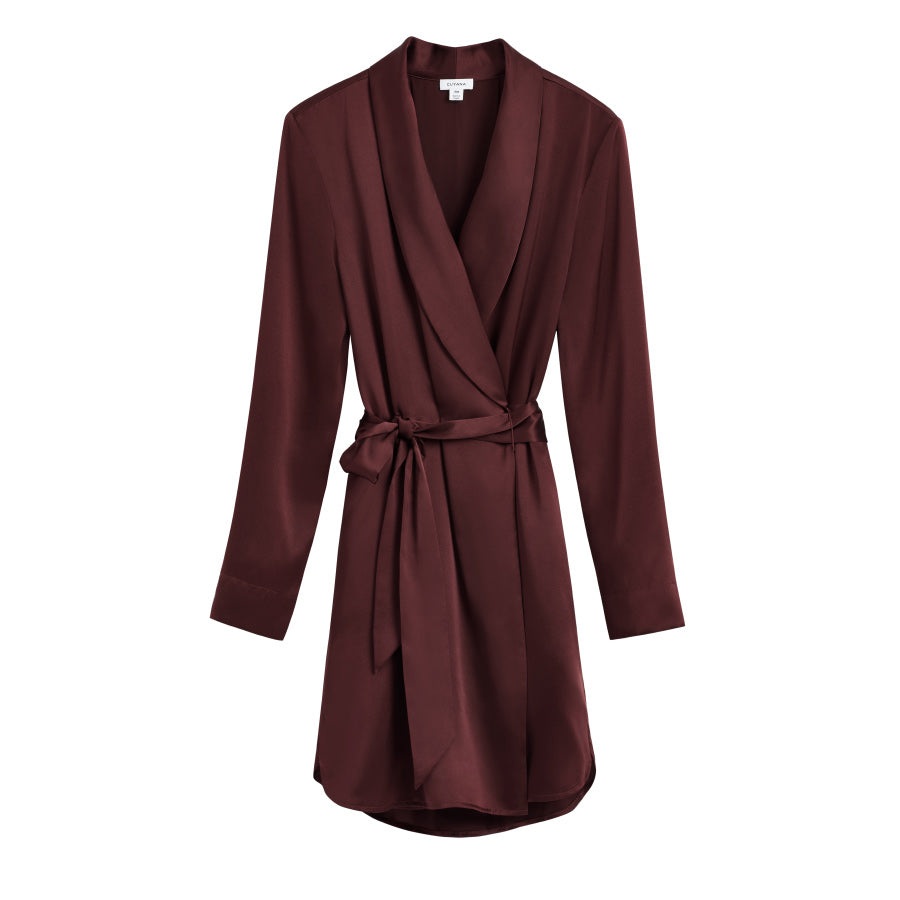 Women's wrap style robe with a belt and long sleeves.