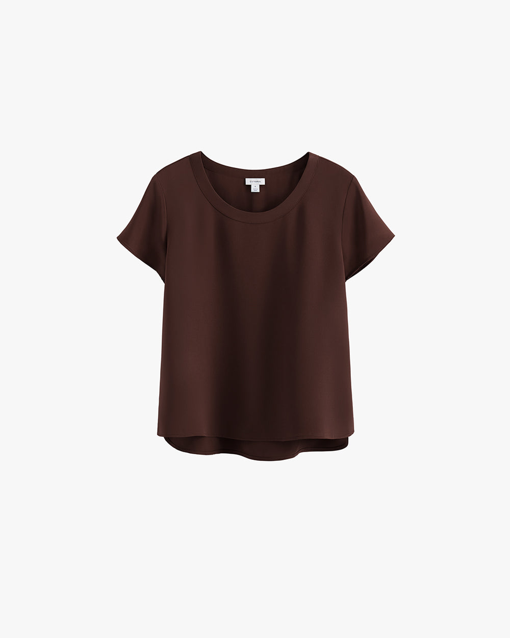 Short-sleeve blouse with a round neckline displayed on a plain background.