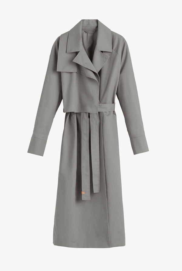 Long trench coat with a waist belt and wide lapels.