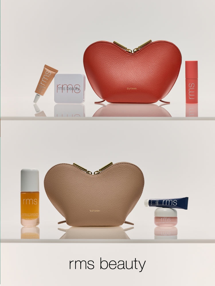 Cosmetic bags surrounded by beauty products, with rms beauty text below.