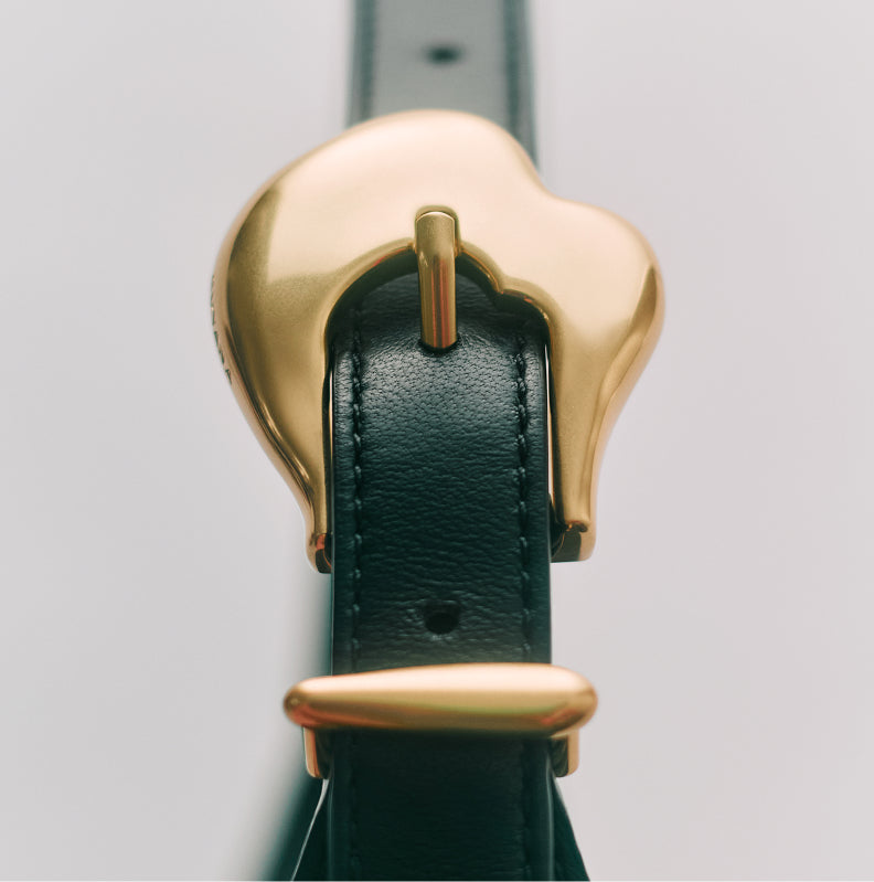 Close-up of a belt with an ornate gold buckle design