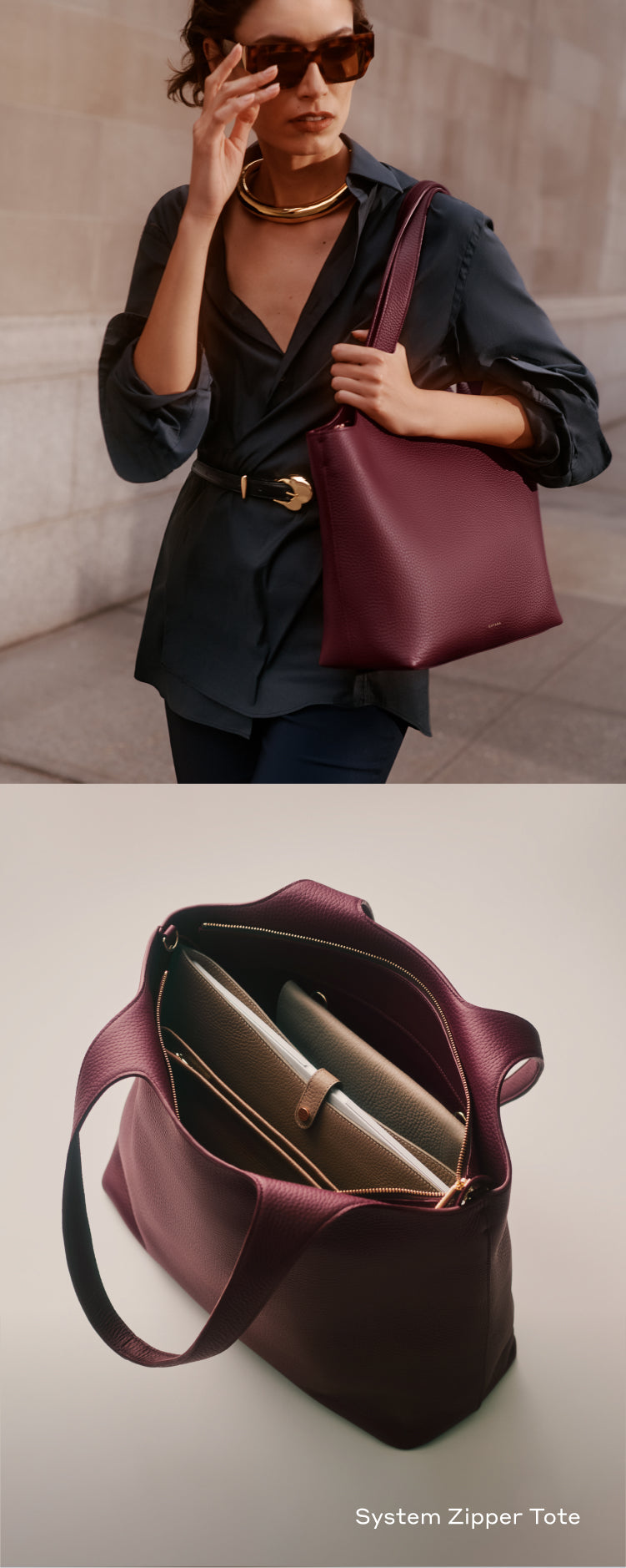 Person in dark outfit with a large handbag; Close-up of handbag with items inside