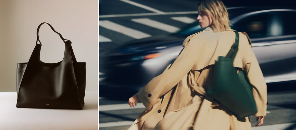 Left: Handbag on a surface. Right: Person with handbag crossing street.