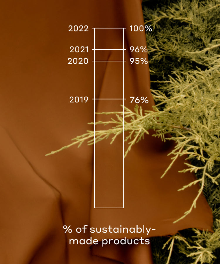 Sustainably-made products bar graph from 2019 to 2022 with plant greenery in background