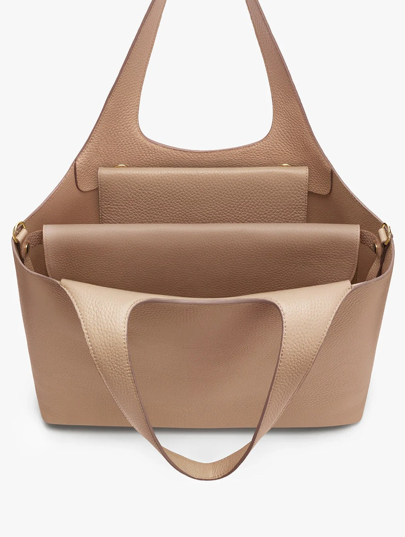 Open tote bag with multiple compartments and a wide strap
