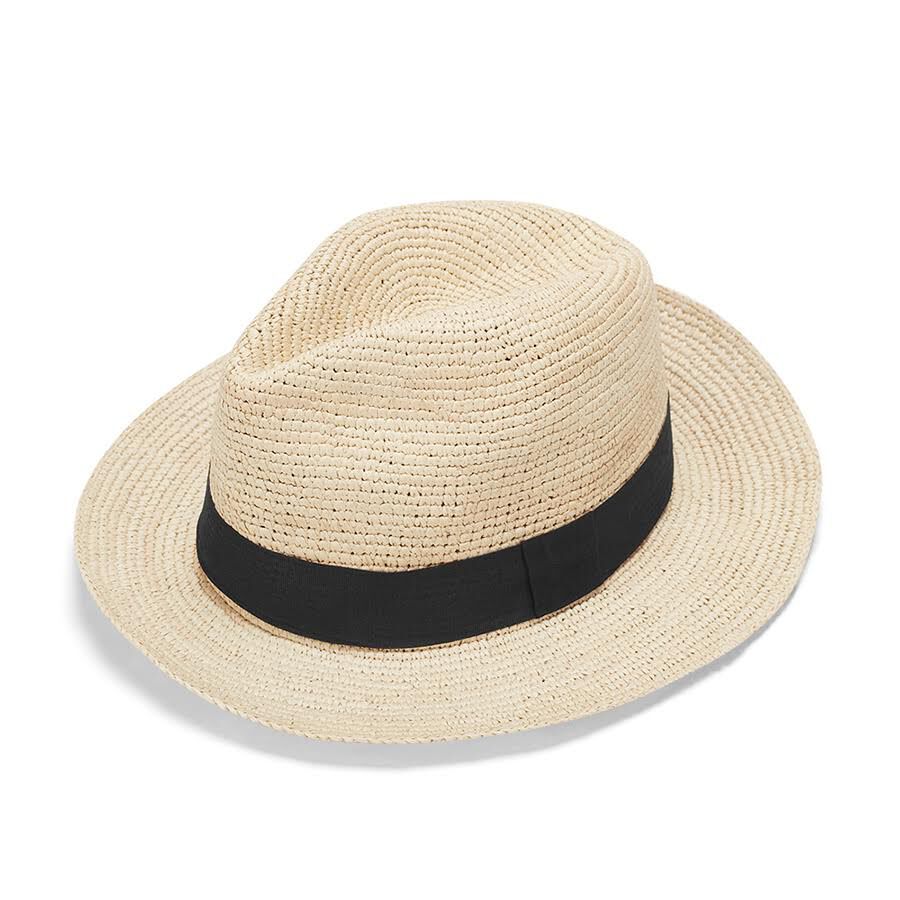Straw hat with a ribbon on a white background.
