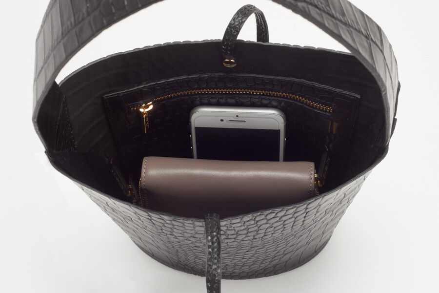 Handbag with a smartphone and wallet inside.