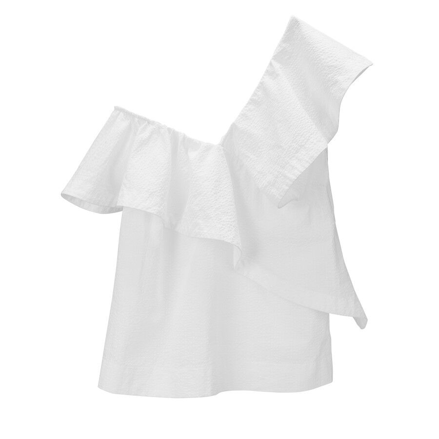 One-shoulder ruffled top on white background.